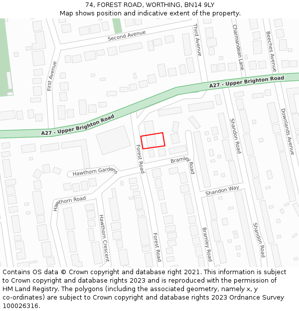 74, FOREST ROAD, WORTHING, BN14 9LY: Location map and indicative extent of plot
