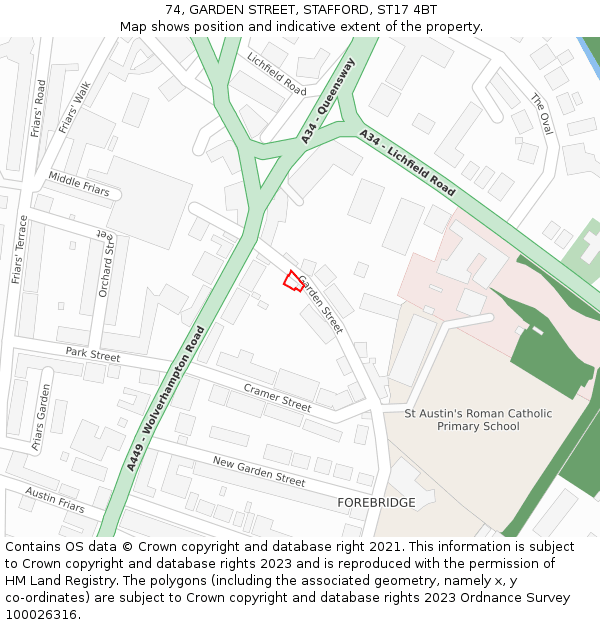 74, GARDEN STREET, STAFFORD, ST17 4BT: Location map and indicative extent of plot