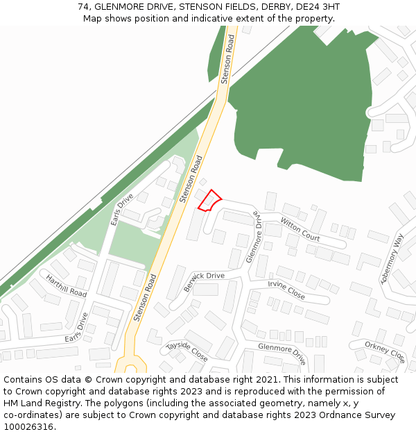 74, GLENMORE DRIVE, STENSON FIELDS, DERBY, DE24 3HT: Location map and indicative extent of plot
