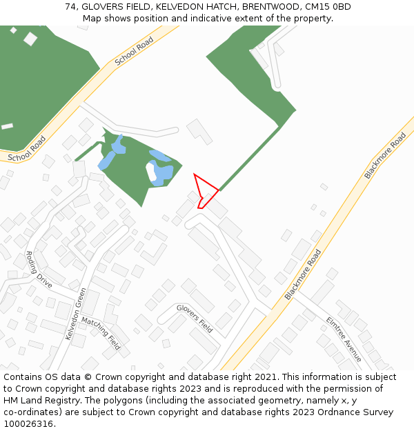 74, GLOVERS FIELD, KELVEDON HATCH, BRENTWOOD, CM15 0BD: Location map and indicative extent of plot