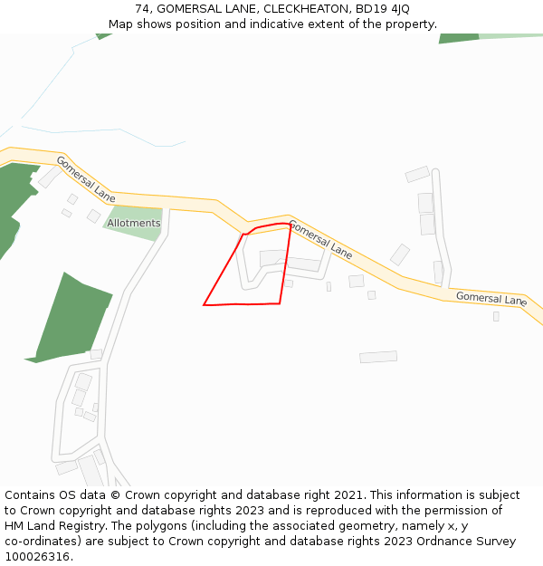 74, GOMERSAL LANE, CLECKHEATON, BD19 4JQ: Location map and indicative extent of plot