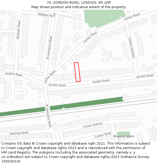 74, GORDON ROAD, LONDON, W5 2AR: Location map and indicative extent of plot