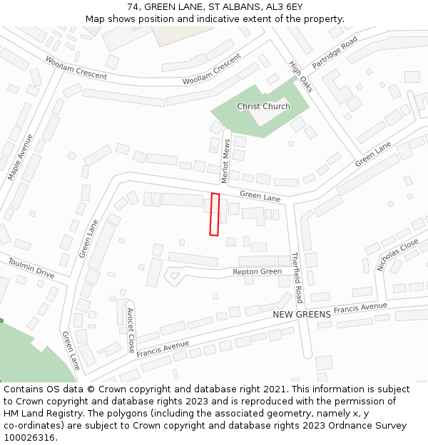 74, GREEN LANE, ST ALBANS, AL3 6EY: Location map and indicative extent of plot