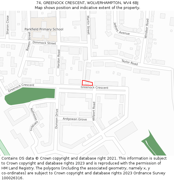 74, GREENOCK CRESCENT, WOLVERHAMPTON, WV4 6BJ: Location map and indicative extent of plot