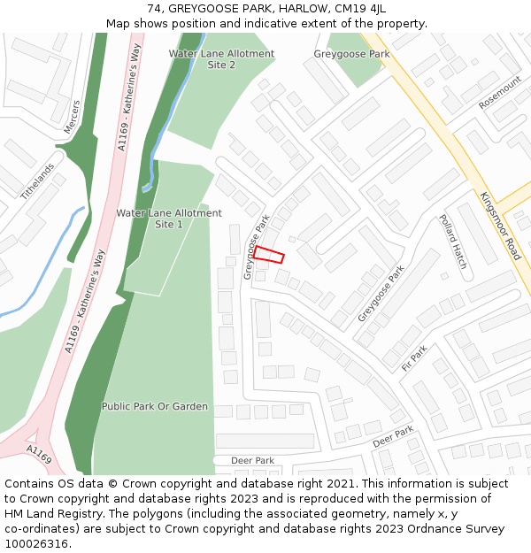 74, GREYGOOSE PARK, HARLOW, CM19 4JL: Location map and indicative extent of plot