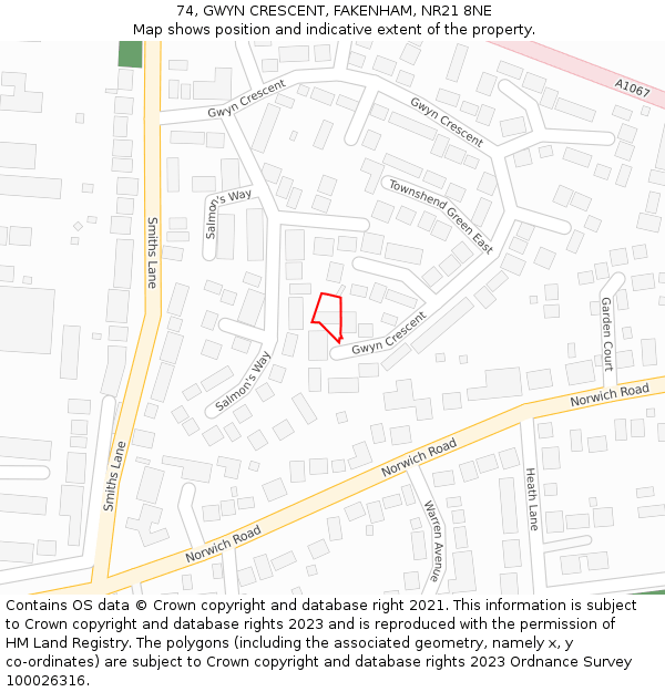 74, GWYN CRESCENT, FAKENHAM, NR21 8NE: Location map and indicative extent of plot