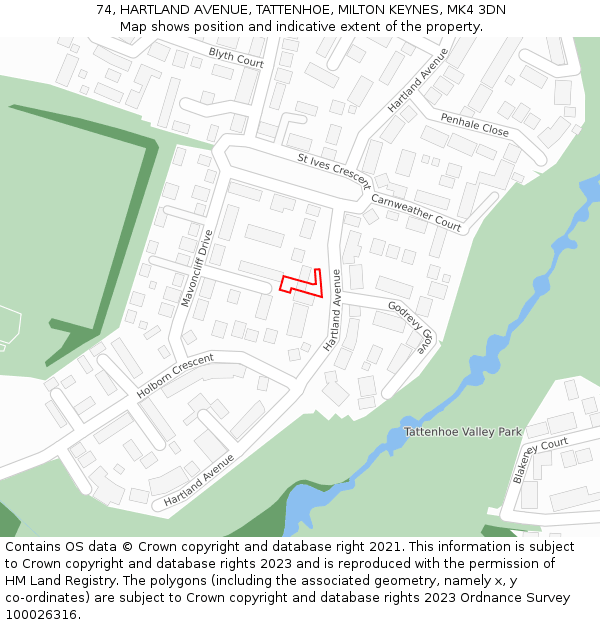 74, HARTLAND AVENUE, TATTENHOE, MILTON KEYNES, MK4 3DN: Location map and indicative extent of plot