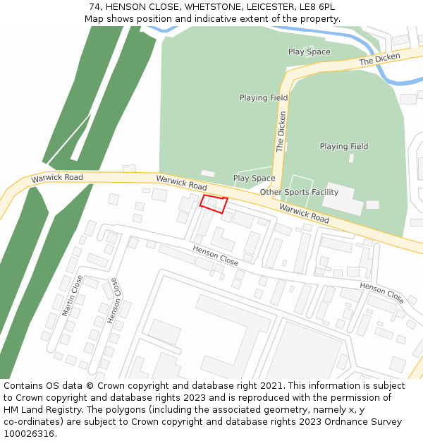 74, HENSON CLOSE, WHETSTONE, LEICESTER, LE8 6PL: Location map and indicative extent of plot