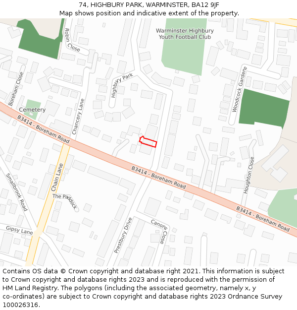 74, HIGHBURY PARK, WARMINSTER, BA12 9JF: Location map and indicative extent of plot