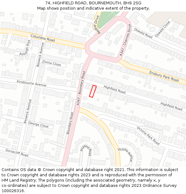74, HIGHFIELD ROAD, BOURNEMOUTH, BH9 2SG: Location map and indicative extent of plot