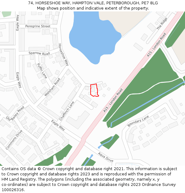 74, HORSESHOE WAY, HAMPTON VALE, PETERBOROUGH, PE7 8LG: Location map and indicative extent of plot