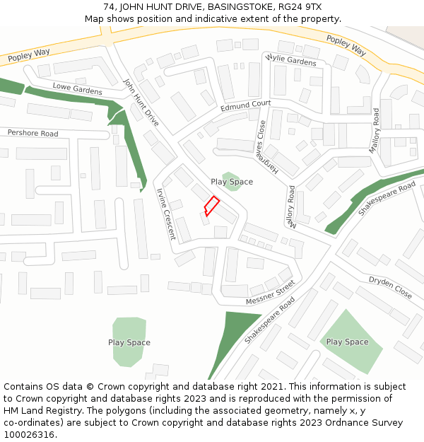 74, JOHN HUNT DRIVE, BASINGSTOKE, RG24 9TX: Location map and indicative extent of plot