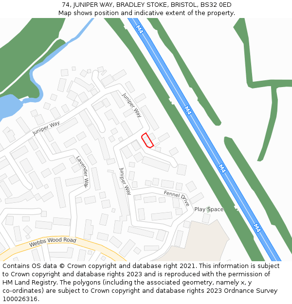 74, JUNIPER WAY, BRADLEY STOKE, BRISTOL, BS32 0ED: Location map and indicative extent of plot