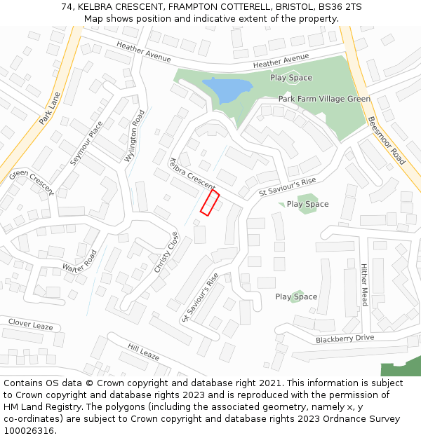 74, KELBRA CRESCENT, FRAMPTON COTTERELL, BRISTOL, BS36 2TS: Location map and indicative extent of plot