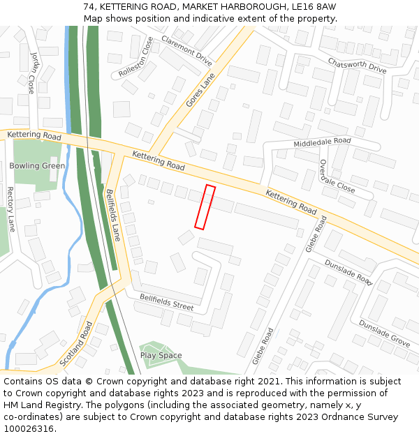 74, KETTERING ROAD, MARKET HARBOROUGH, LE16 8AW: Location map and indicative extent of plot