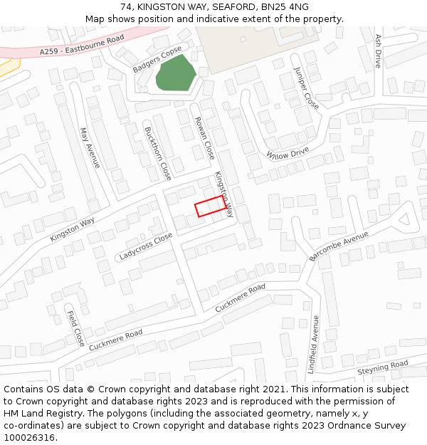 74, KINGSTON WAY, SEAFORD, BN25 4NG: Location map and indicative extent of plot