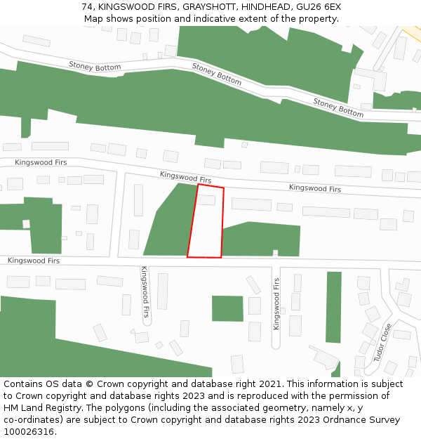 74, KINGSWOOD FIRS, GRAYSHOTT, HINDHEAD, GU26 6EX: Location map and indicative extent of plot