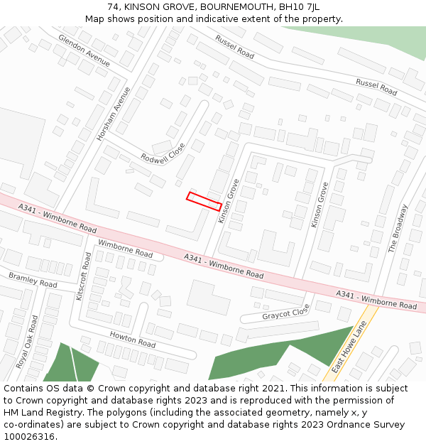 74, KINSON GROVE, BOURNEMOUTH, BH10 7JL: Location map and indicative extent of plot