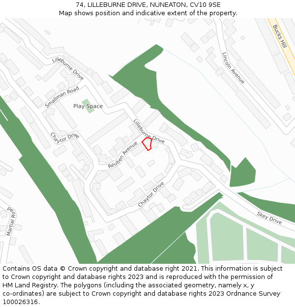 74, LILLEBURNE DRIVE, NUNEATON, CV10 9SE: Location map and indicative extent of plot