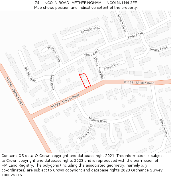 74, LINCOLN ROAD, METHERINGHAM, LINCOLN, LN4 3EE: Location map and indicative extent of plot