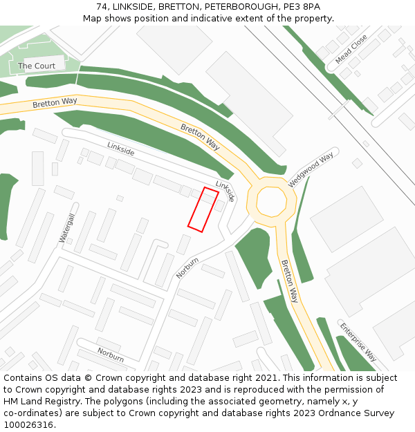 74, LINKSIDE, BRETTON, PETERBOROUGH, PE3 8PA: Location map and indicative extent of plot