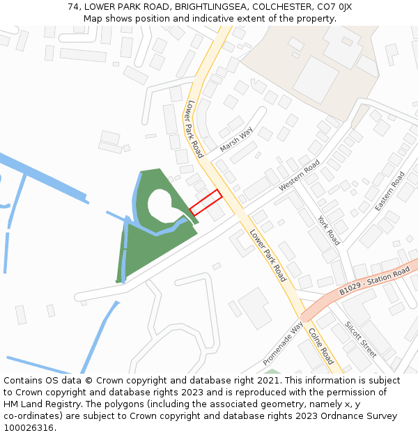 74, LOWER PARK ROAD, BRIGHTLINGSEA, COLCHESTER, CO7 0JX: Location map and indicative extent of plot