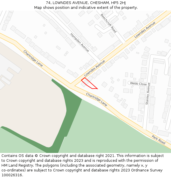 74, LOWNDES AVENUE, CHESHAM, HP5 2HJ: Location map and indicative extent of plot