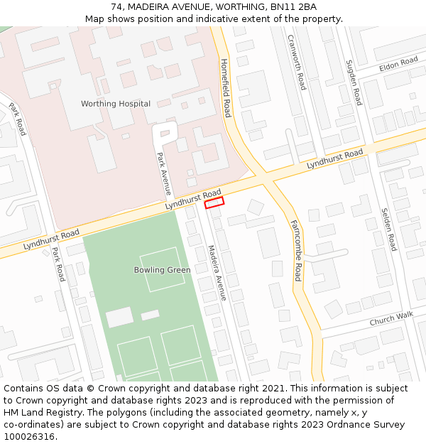 74, MADEIRA AVENUE, WORTHING, BN11 2BA: Location map and indicative extent of plot