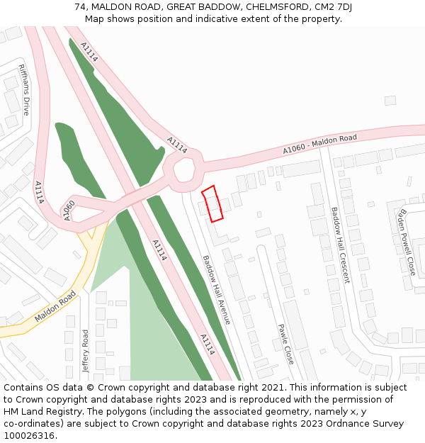 74, MALDON ROAD, GREAT BADDOW, CHELMSFORD, CM2 7DJ: Location map and indicative extent of plot