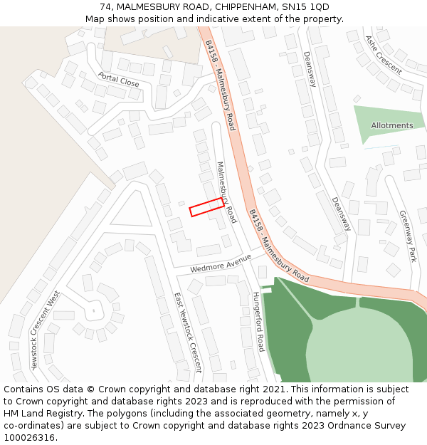 74, MALMESBURY ROAD, CHIPPENHAM, SN15 1QD: Location map and indicative extent of plot