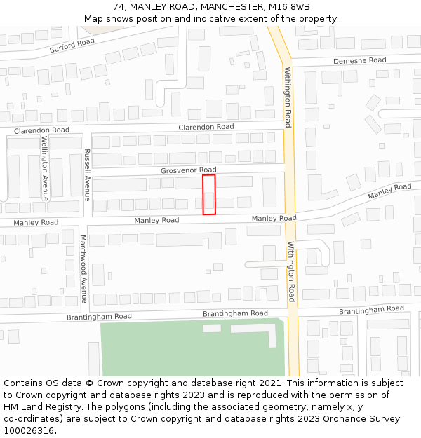 74, MANLEY ROAD, MANCHESTER, M16 8WB: Location map and indicative extent of plot