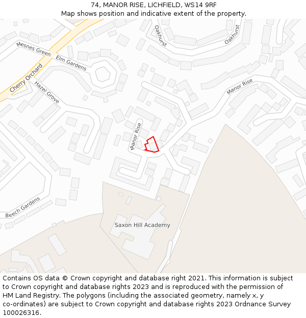 74, MANOR RISE, LICHFIELD, WS14 9RF: Location map and indicative extent of plot