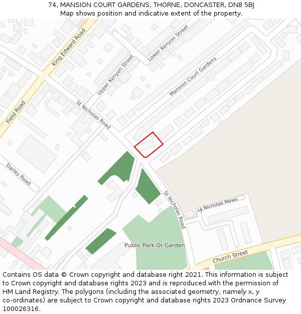 74, MANSION COURT GARDENS, THORNE, DONCASTER, DN8 5BJ: Location map and indicative extent of plot