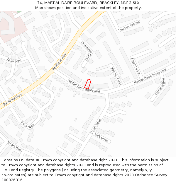 74, MARTIAL DAIRE BOULEVARD, BRACKLEY, NN13 6LX: Location map and indicative extent of plot