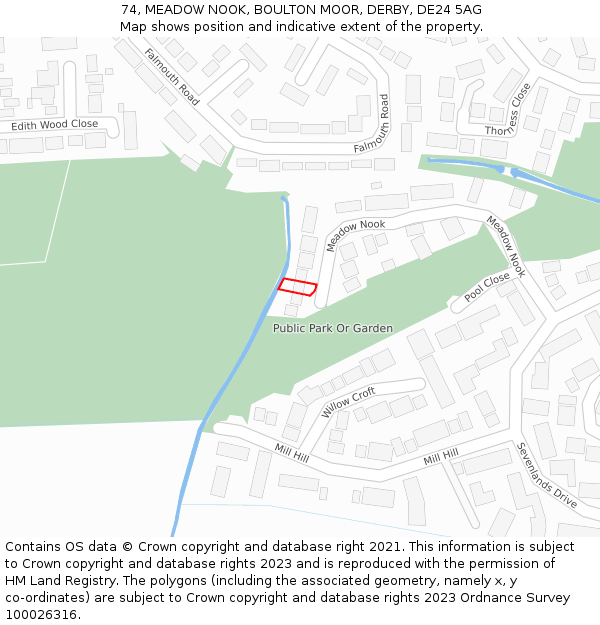 74, MEADOW NOOK, BOULTON MOOR, DERBY, DE24 5AG: Location map and indicative extent of plot