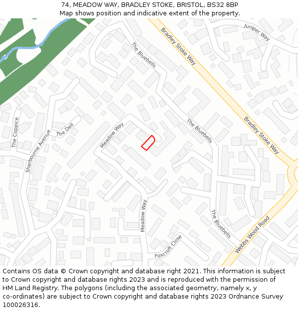 74, MEADOW WAY, BRADLEY STOKE, BRISTOL, BS32 8BP: Location map and indicative extent of plot