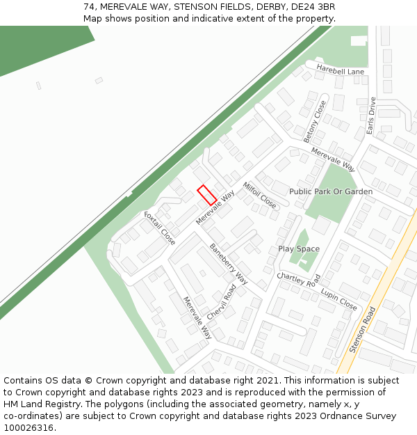 74, MEREVALE WAY, STENSON FIELDS, DERBY, DE24 3BR: Location map and indicative extent of plot