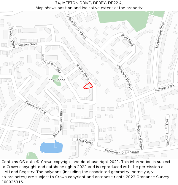 74, MERTON DRIVE, DERBY, DE22 4JJ: Location map and indicative extent of plot