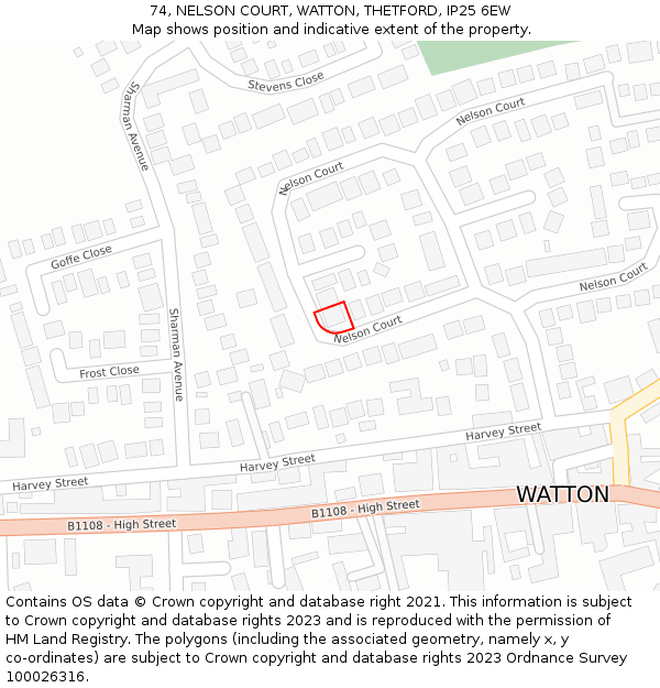 74, NELSON COURT, WATTON, THETFORD, IP25 6EW: Location map and indicative extent of plot