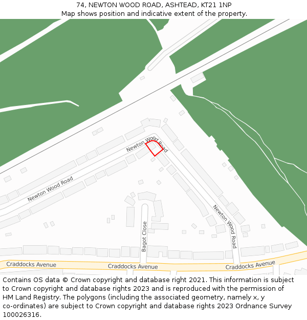 74, NEWTON WOOD ROAD, ASHTEAD, KT21 1NP: Location map and indicative extent of plot