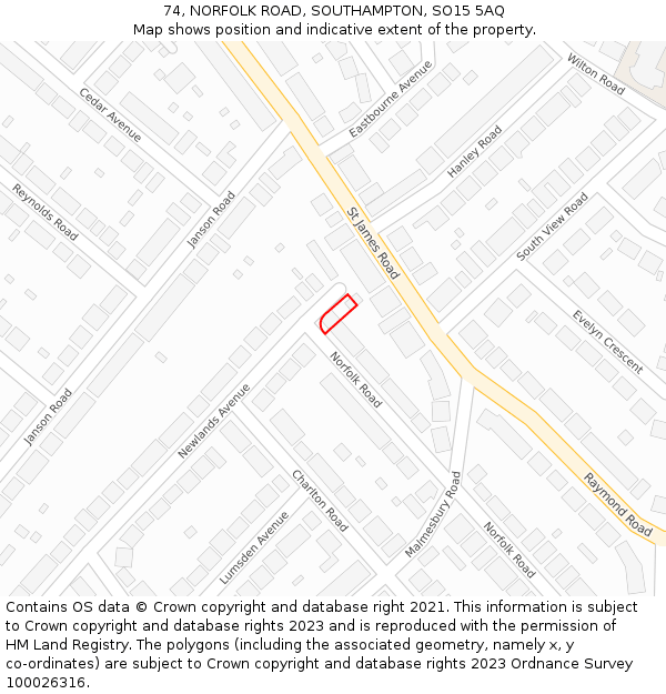 74, NORFOLK ROAD, SOUTHAMPTON, SO15 5AQ: Location map and indicative extent of plot