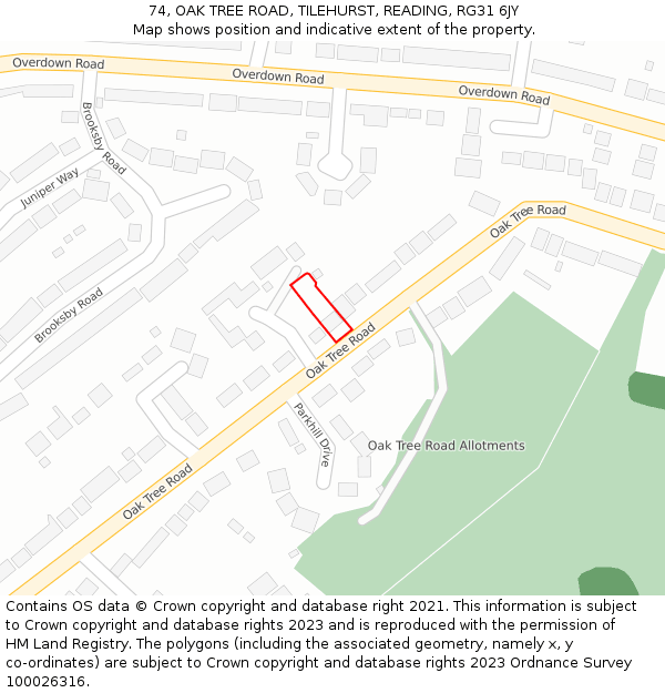 74, OAK TREE ROAD, TILEHURST, READING, RG31 6JY: Location map and indicative extent of plot