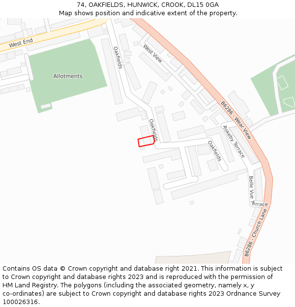 74, OAKFIELDS, HUNWICK, CROOK, DL15 0GA: Location map and indicative extent of plot