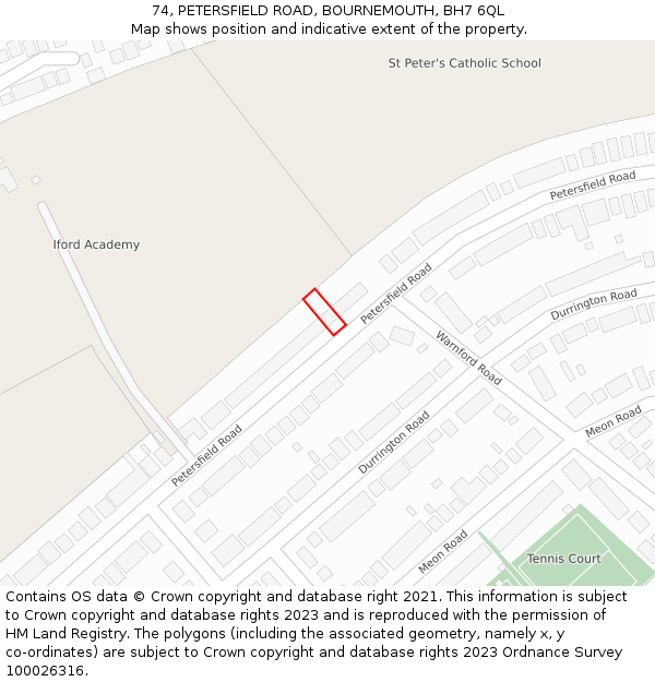 74, PETERSFIELD ROAD, BOURNEMOUTH, BH7 6QL: Location map and indicative extent of plot