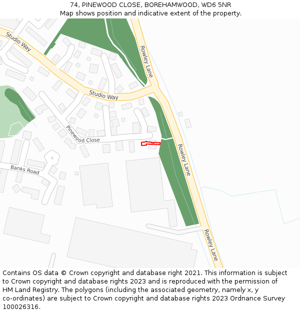 74, PINEWOOD CLOSE, BOREHAMWOOD, WD6 5NR: Location map and indicative extent of plot