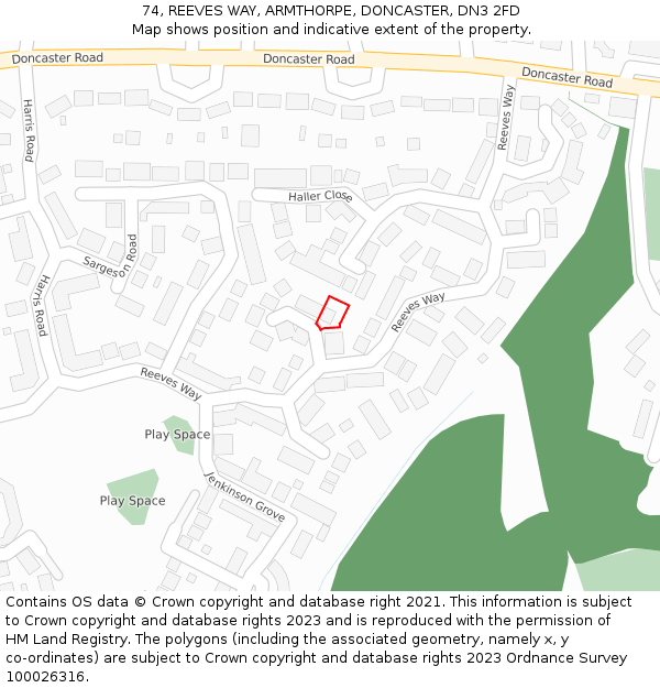 74, REEVES WAY, ARMTHORPE, DONCASTER, DN3 2FD: Location map and indicative extent of plot