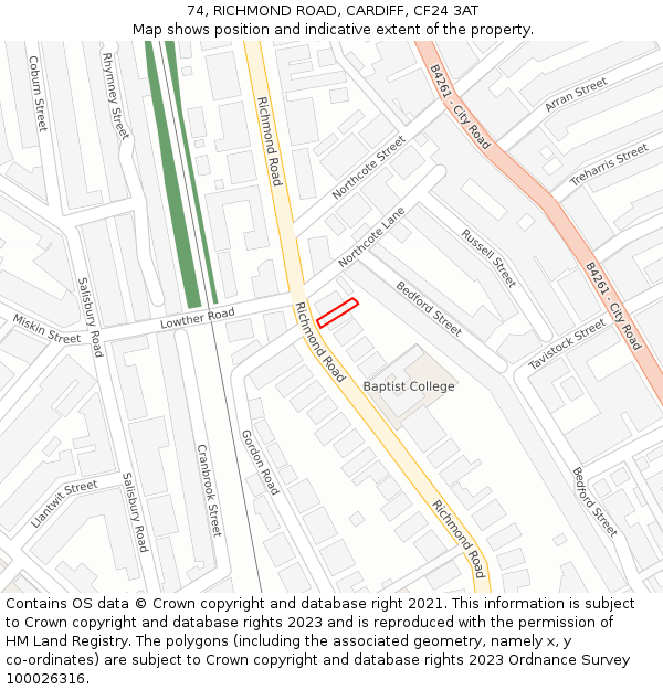 74, RICHMOND ROAD, CARDIFF, CF24 3AT: Location map and indicative extent of plot