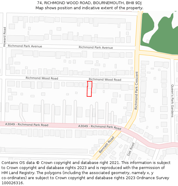 74, RICHMOND WOOD ROAD, BOURNEMOUTH, BH8 9DJ: Location map and indicative extent of plot