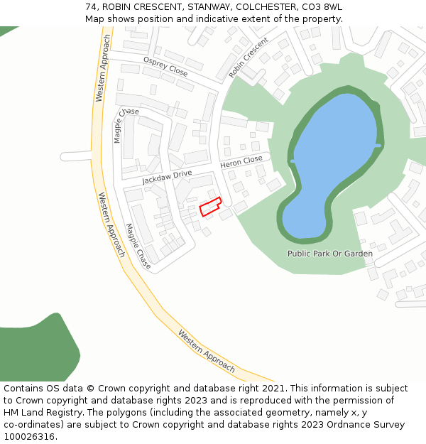 74, ROBIN CRESCENT, STANWAY, COLCHESTER, CO3 8WL: Location map and indicative extent of plot