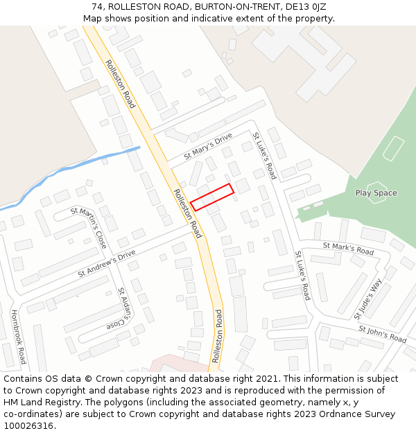 74, ROLLESTON ROAD, BURTON-ON-TRENT, DE13 0JZ: Location map and indicative extent of plot